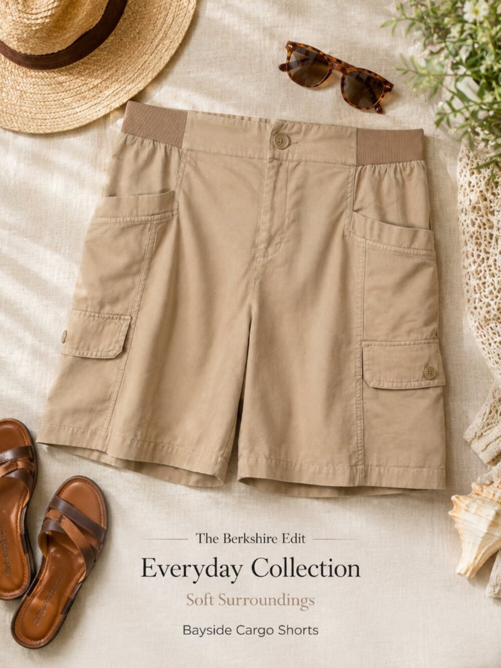 NWOT Soft Surroundings Bayside Cargo Shorts Khaki Travel Utility L
